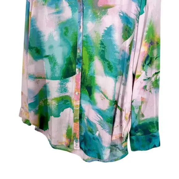 Anthropologie Fig & and Flower Large Pink Green Tropical Beach Blouse Shirt Top - Picture 5 of 8